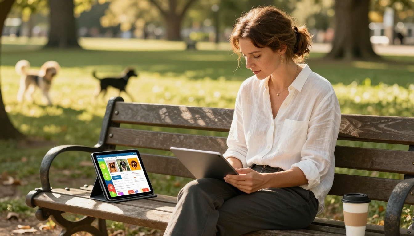Dog walker reviewing a digital flipbook on a tablet at a sunny park bench