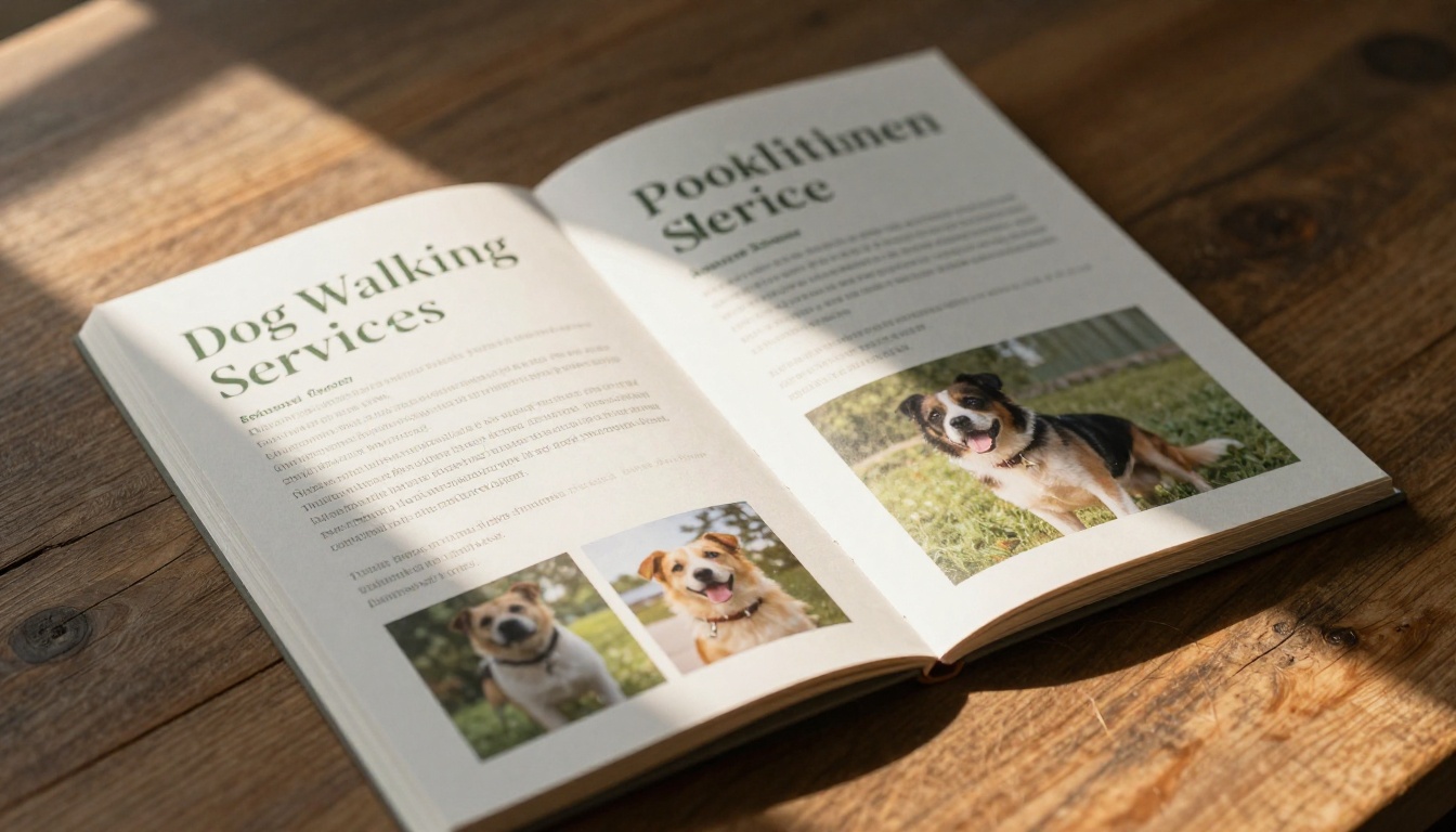 Professional dog walking services brochure spread open on a wooden table with natural window light
