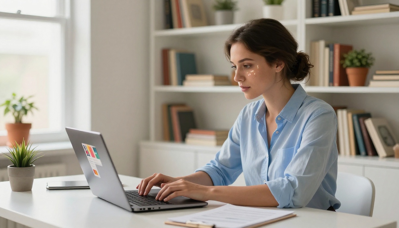 Woman building her digital babysitter portfolio on a laptop Woman building her digital babysitter portfolio on a laptop