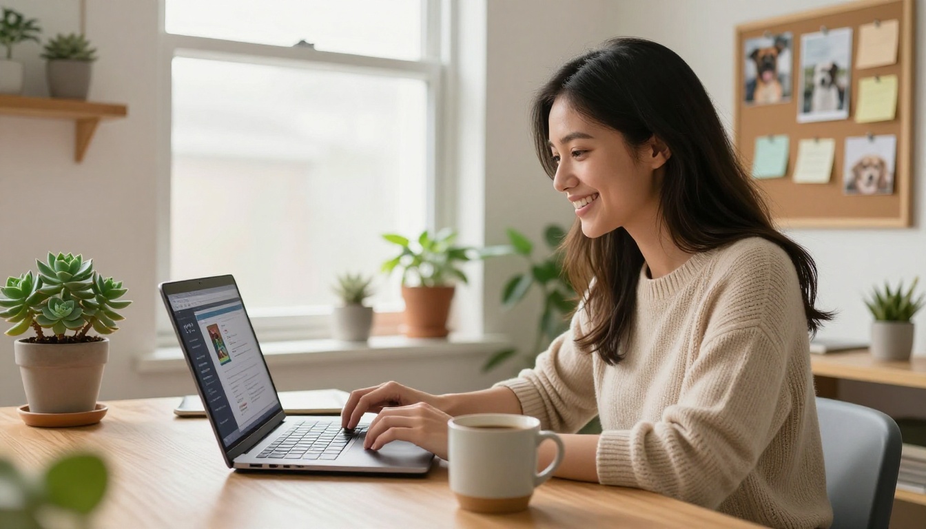 Small business owner designing her dog walking flipbook on a laptop at her home office