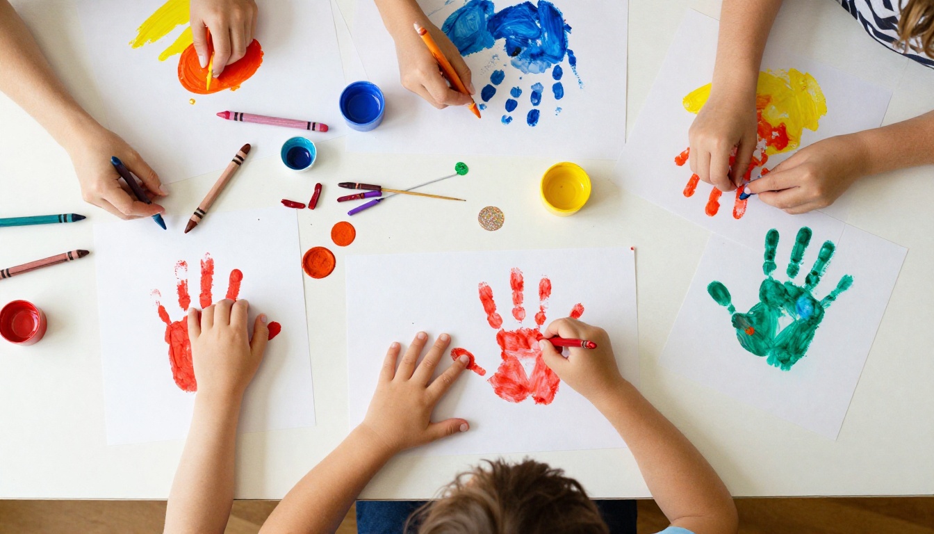 Babysitter doing craft activities with a child, aerial overhead view Babysitter doing craft activities with a child, aerial overhead view