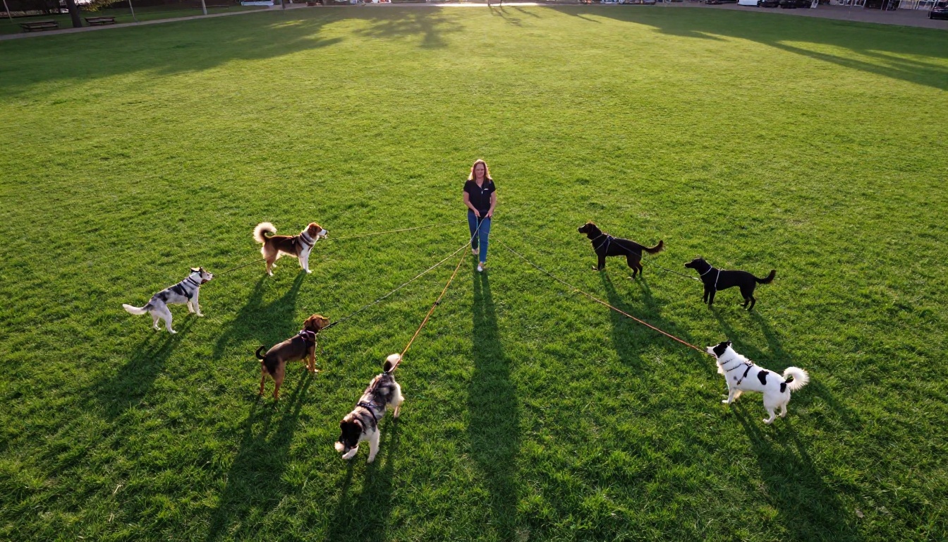 Aerial view of a professional dog walker in a city park surrounded by six dogs on leashes