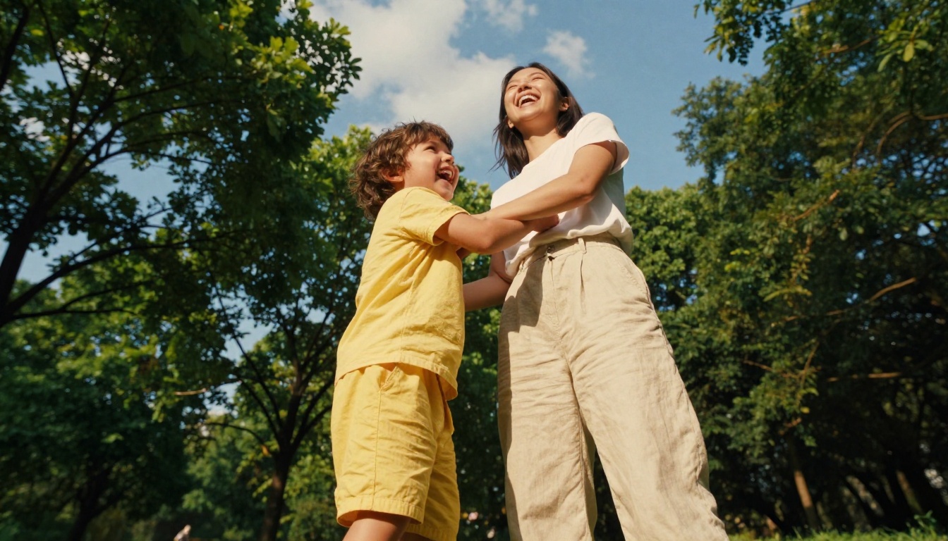 Babysitter with a toddler at the park, low-angle joyful shot Babysitter with a toddler at the park, low-angle joyful shot