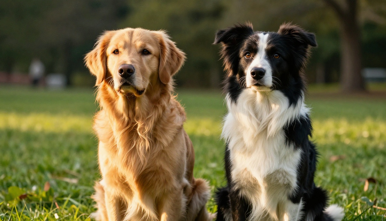 Golden retriever and border collie sitting attentively on a park lawn in warm afternoon light