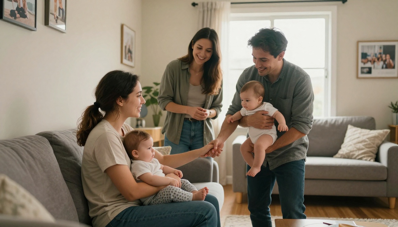 Babysitter meeting parents for the first time in a living room Babysitter meeting parents for the first time in a living room