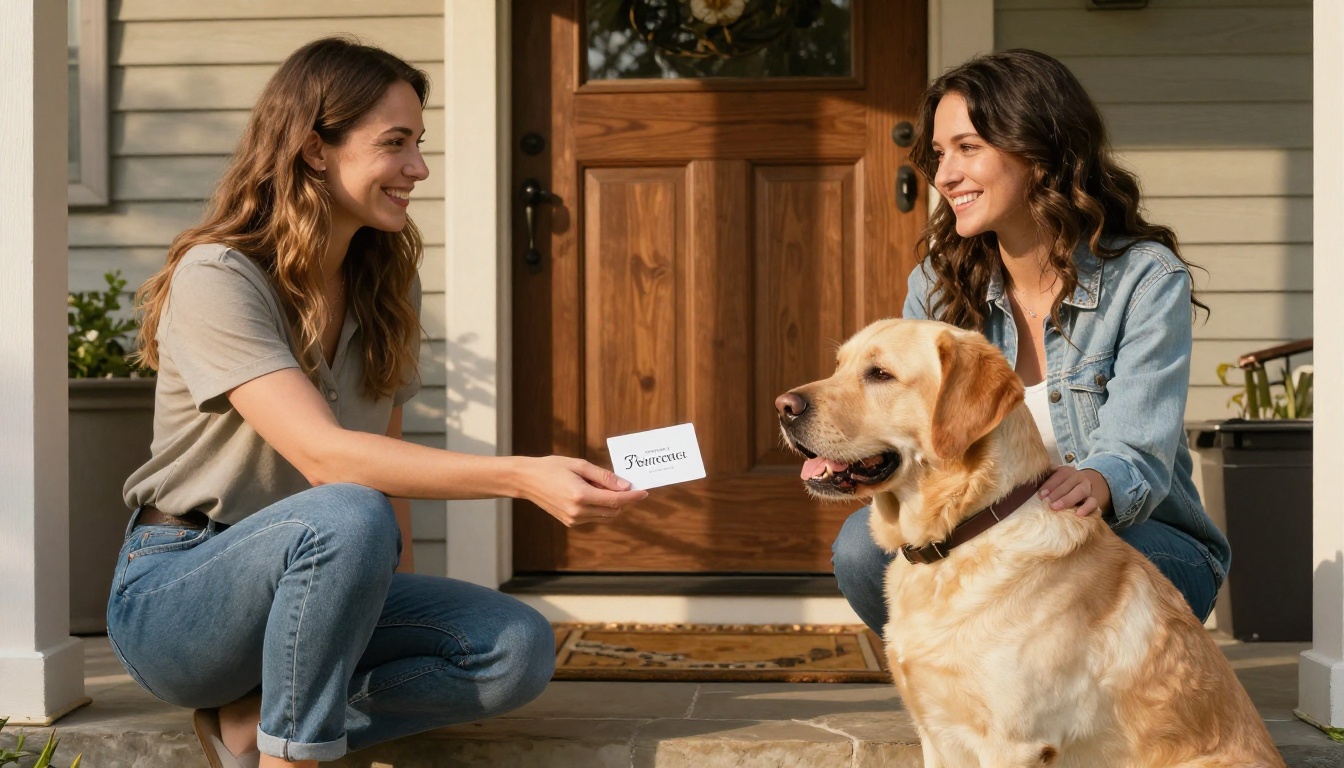 Dog walker handing a professional service card to a client at a suburban front door