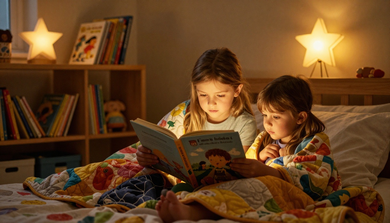 Babysitter reading a bedtime story to children in a warm lamp-lit room