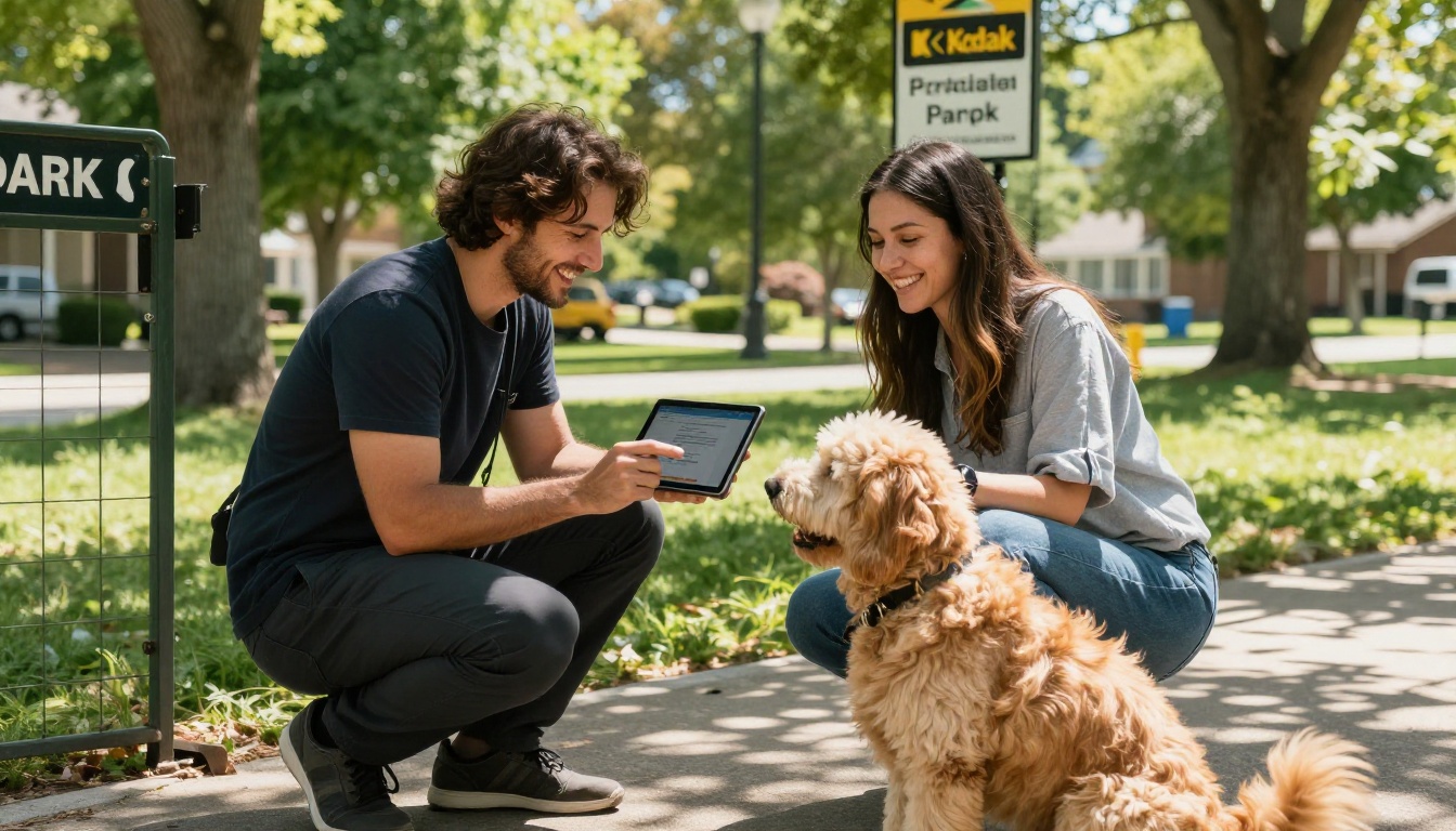 Dog walker and happy client completing a booking on a tablet at a park entrance