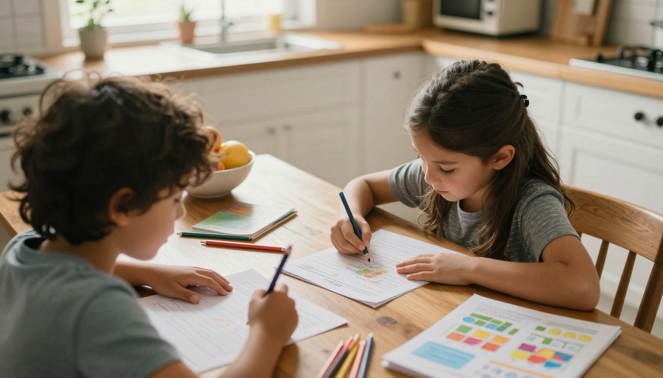 Babysitter helping a child with homework at a kitchen table