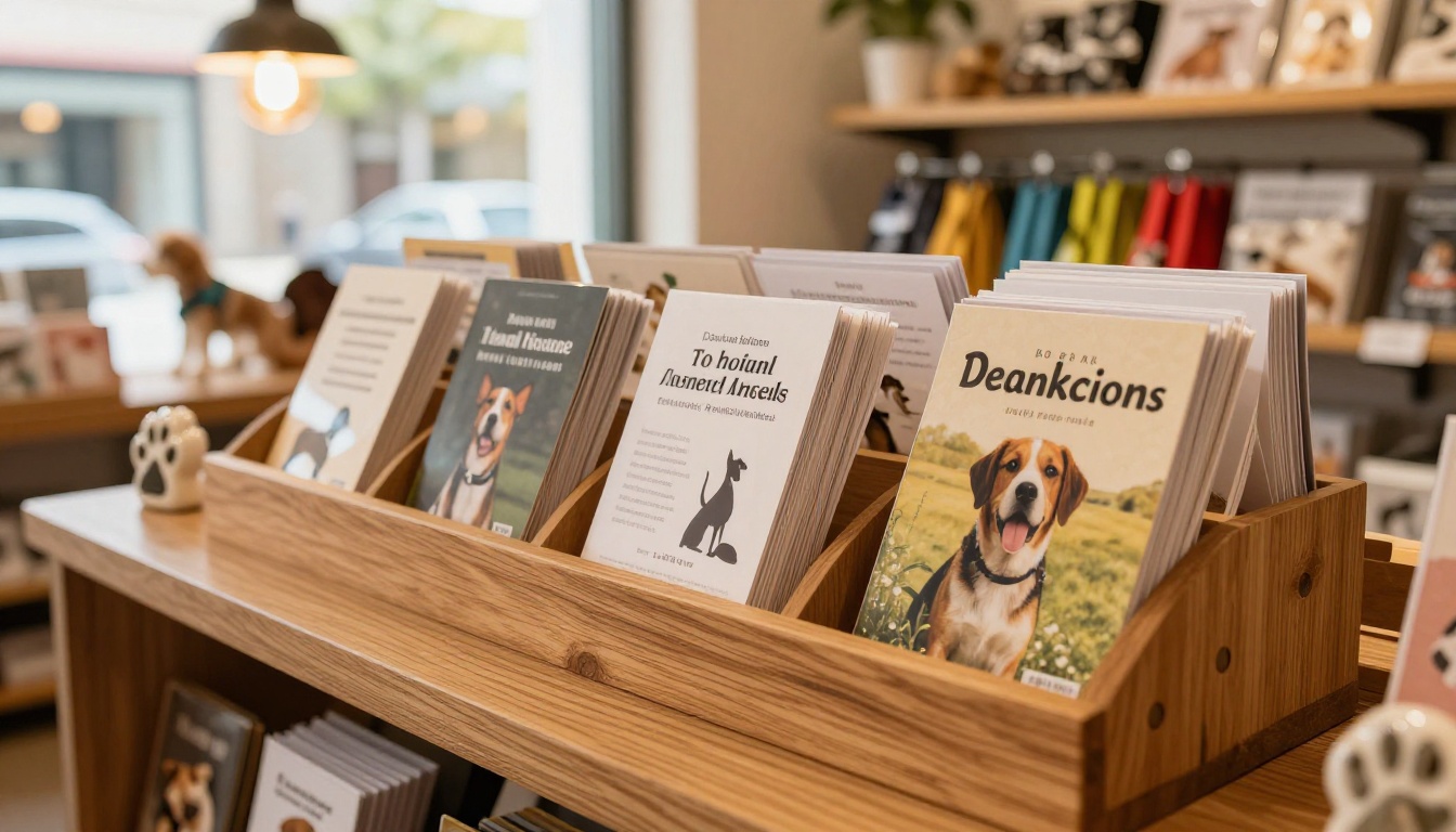 Charming pet boutique interior with a wood display stand holding dog walking business marketing materials