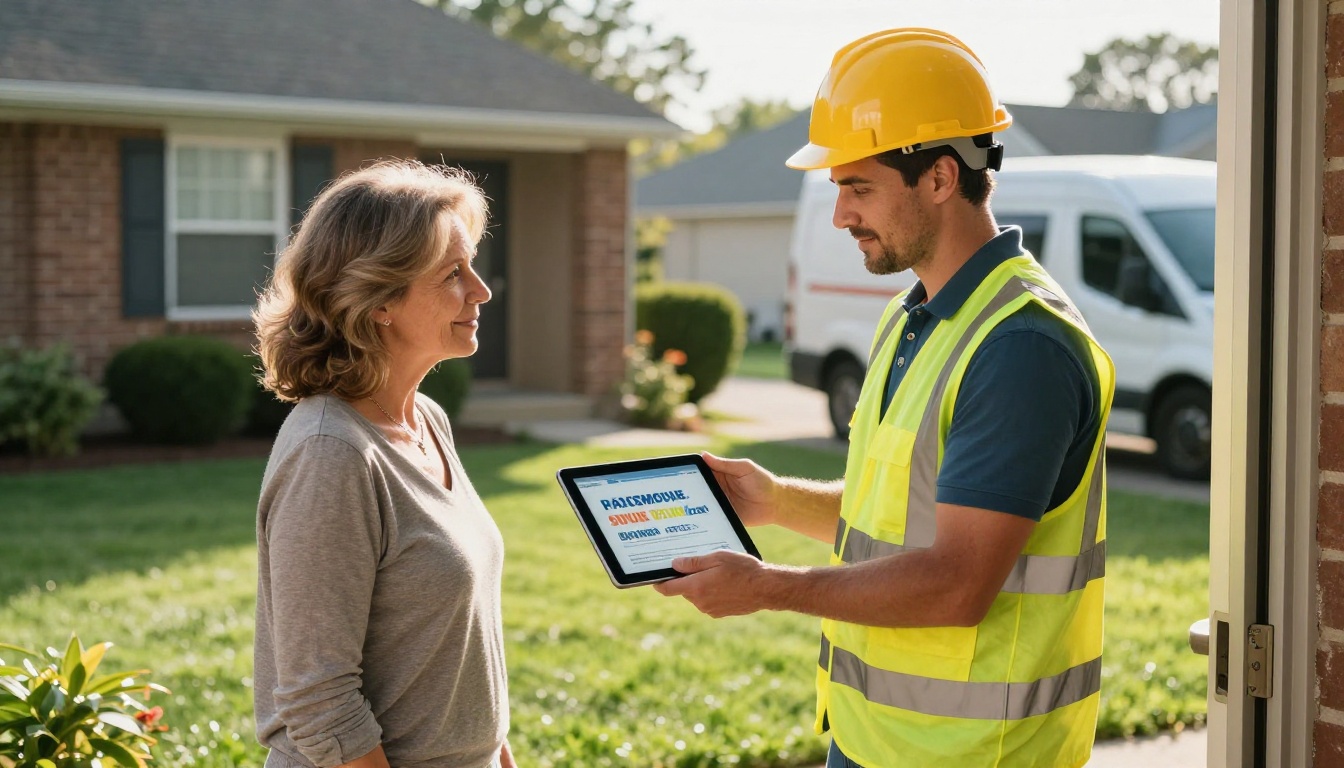 An electrician handing a tablet with a digital quote to a homeowner at the front door of a suburban home An electrician handing a tablet with a digital quote to a homeowner at the front door of a suburban home