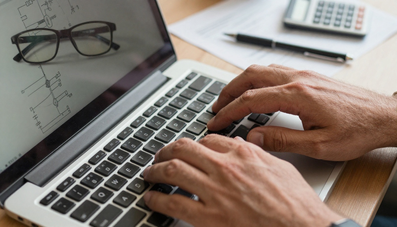 Close-up of an electrician's calloused hands typing on a laptop while building a professional quote Close-up of an electrician's calloused hands typing on a laptop while building a professional quote