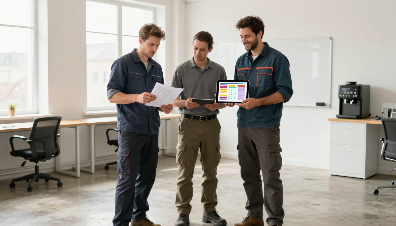 Two electricians comparing a crumpled paper estimate against a digital quote on a tablet Two electricians comparing a crumpled paper estimate against a digital quote on a tablet