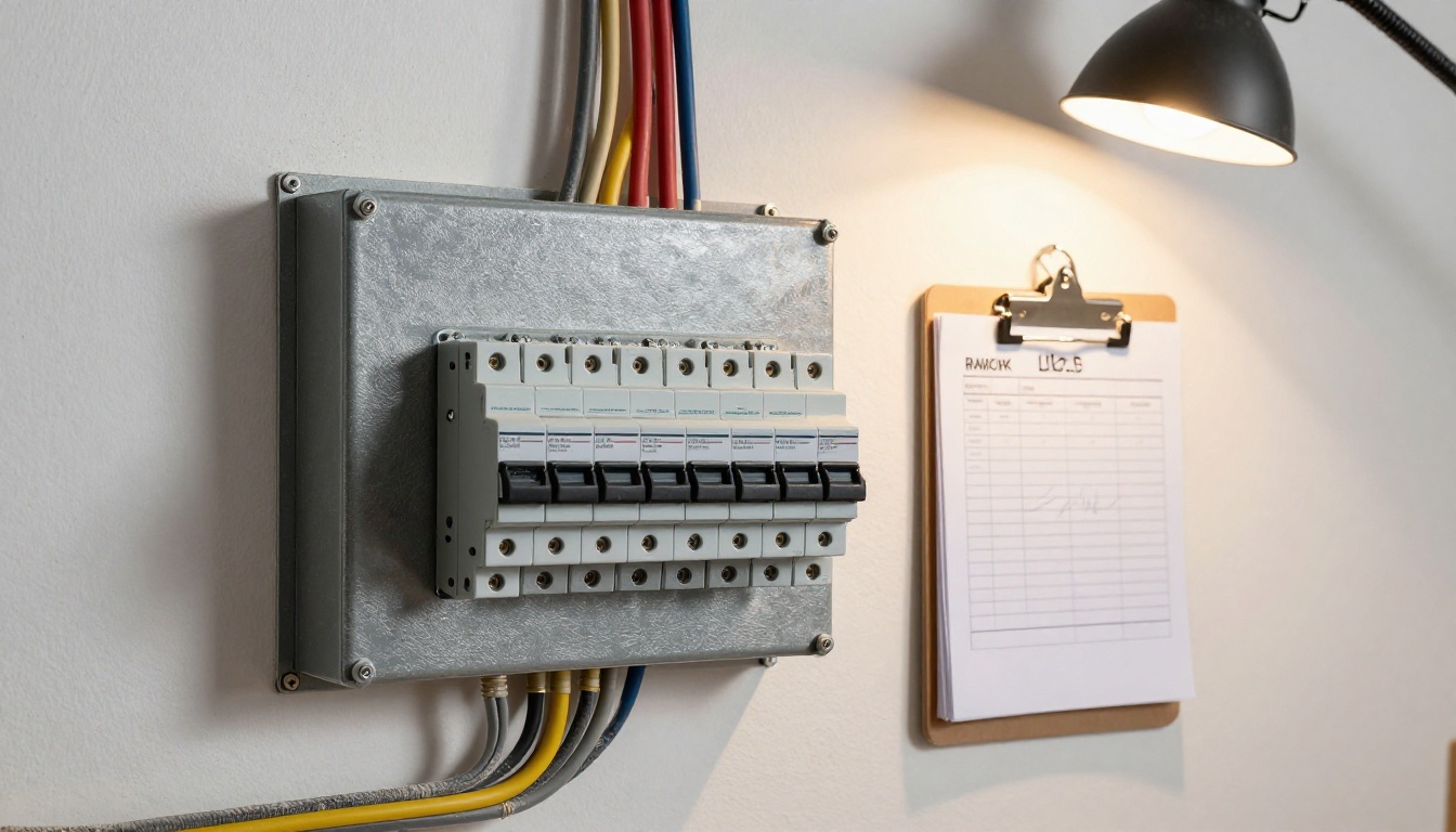 A neat residential electrical panel installation with a professional clipboard estimate nearby A neat residential electrical panel installation with a professional clipboard estimate nearby