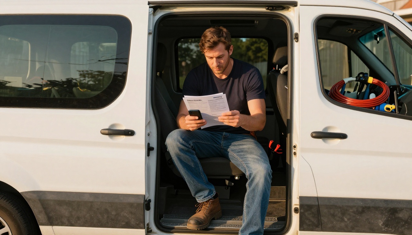 An electrician in a work van reviewing a quote on a smartphone with golden afternoon light An electrician in a work van reviewing a quote on a smartphone with golden afternoon light