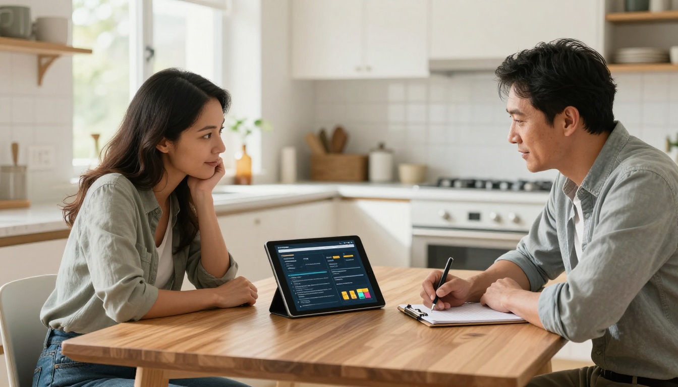 Homeowner couple reviewing a digital quote with an electrician at their kitchen table Homeowner couple reviewing a digital quote with an electrician at their kitchen table