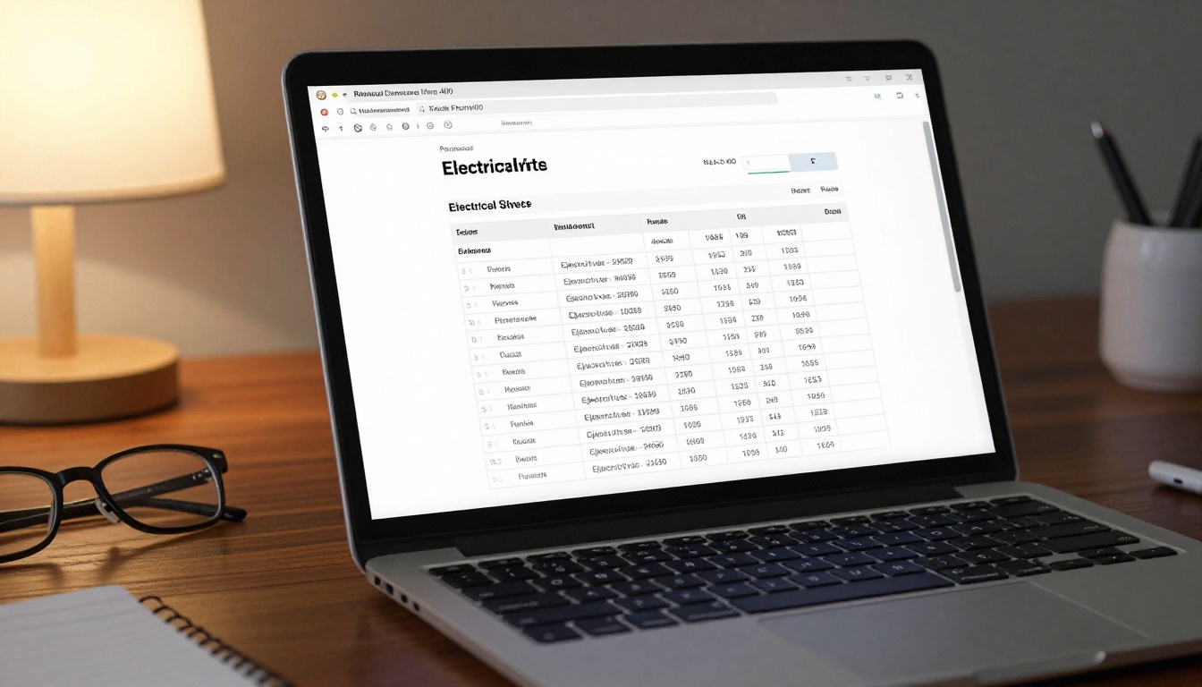 A professional laptop screen displaying a clean, itemized electrical quote document on a dark walnut desk A professional laptop screen displaying a clean, itemized electrical quote document on a dark walnut desk