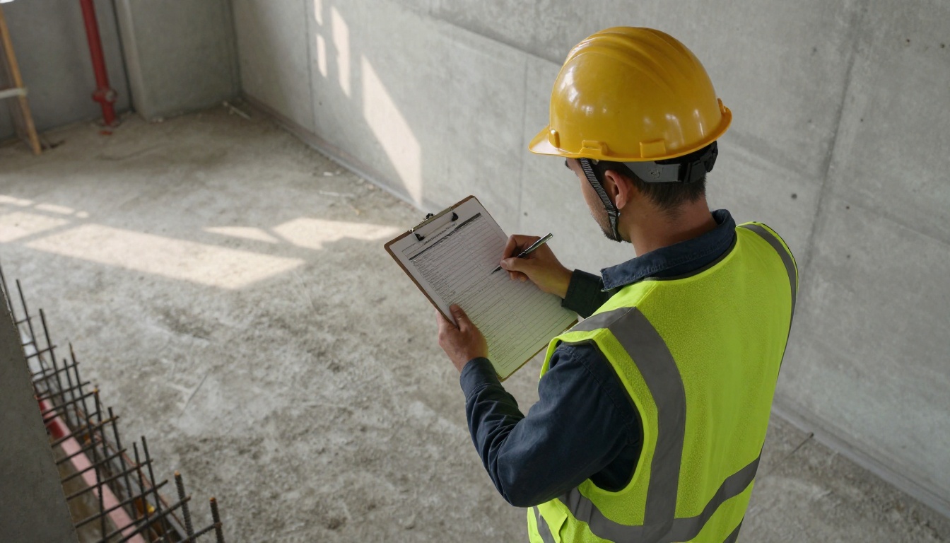 An electrician in a hard hat and hi-vis vest on a construction site writing detailed estimate notes on a clipboard An electrician in a hard hat and hi-vis vest on a construction site writing detailed estimate notes on a clipboard