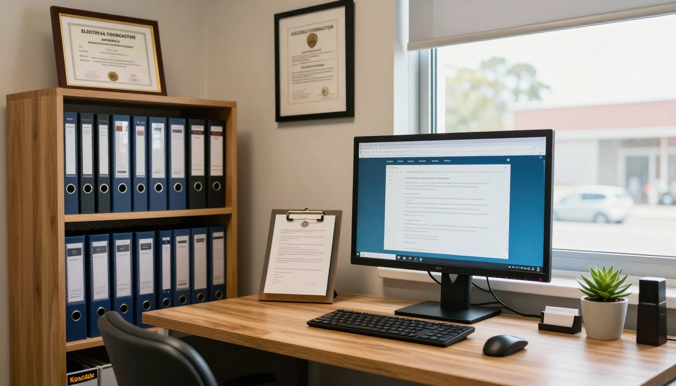 A clean modern electrical contractor office with organized shelves, a monitor, and a framed license on the wall A clean modern electrical contractor office with organized shelves, a monitor, and a framed license on the wall