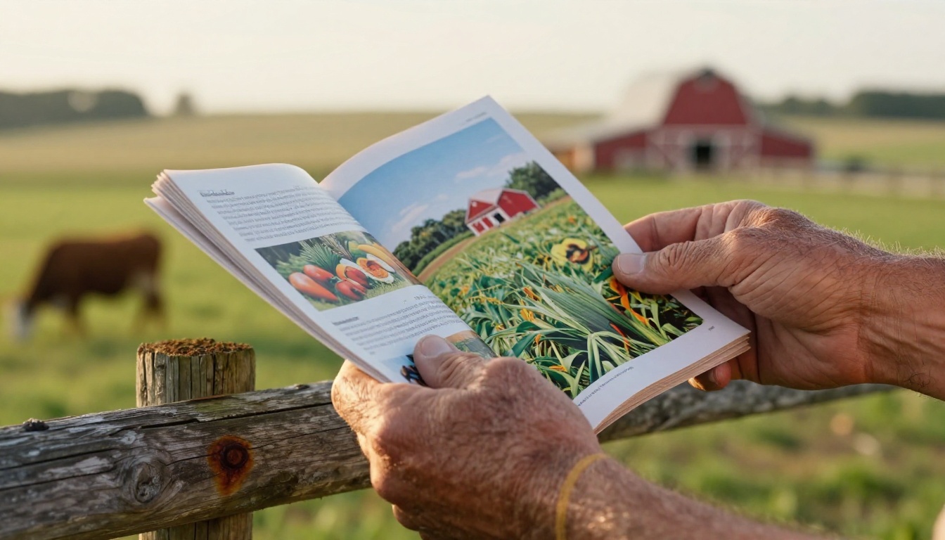 Farmer's hands holding an open agricultural catalog on a fence post with a blurred farm landscape in the background