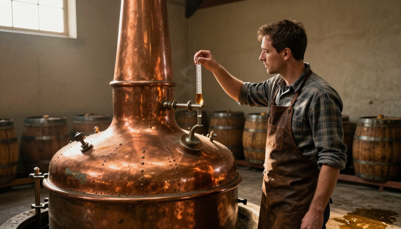 Artisan distiller examining whiskey sample beside copper pot still Artisan distiller examining whiskey sample beside copper pot still