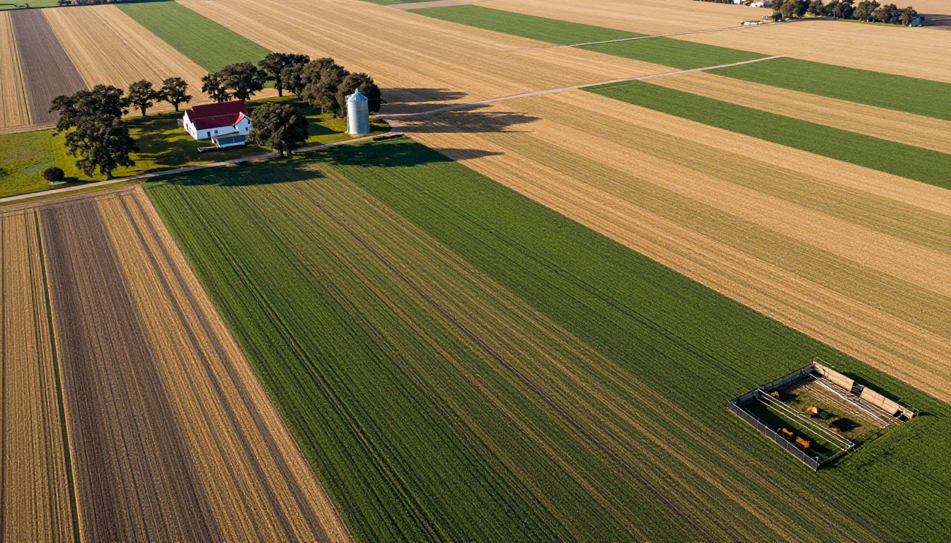 Aerial drone photograph of a vast working farm showing geometric crop rows, farmhouse, and livestock pens from above