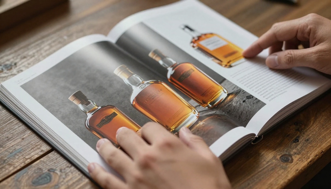 Hands holding open a premium spirits catalog showing whiskey photography Hands holding open a premium spirits catalog showing whiskey photography