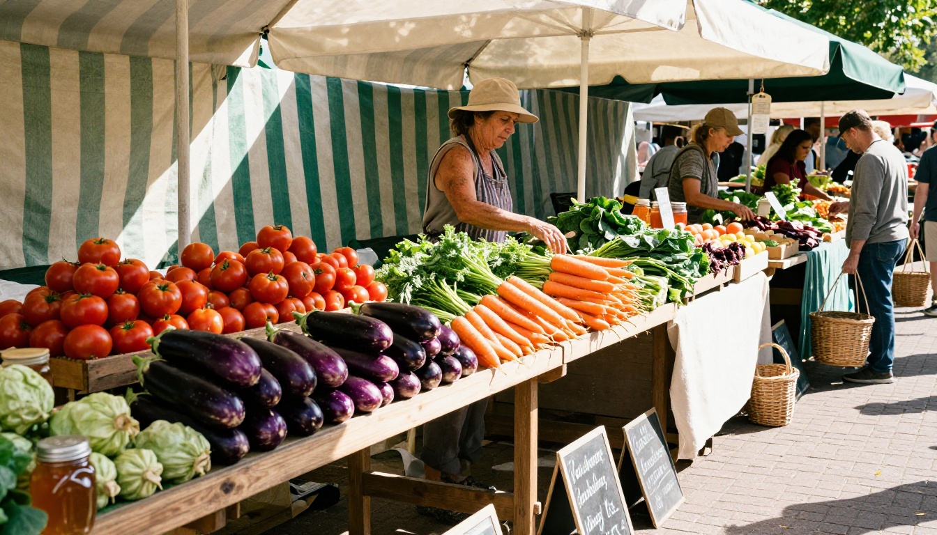 Vibrant outdoor farmers market stalls with fresh produce, striped awnings, and shoppers browsing in morning sunlight