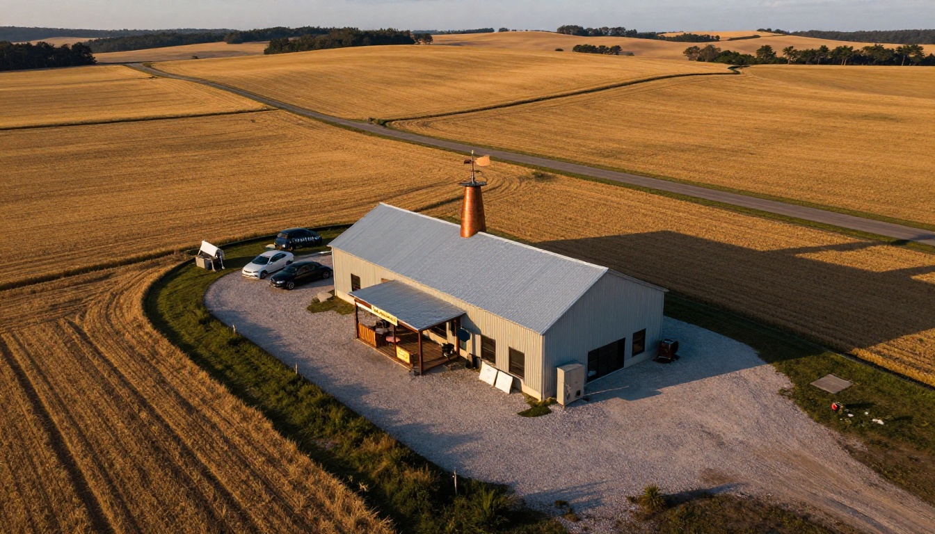Aerial view of craft distillery nestled among amber wheat fields at golden hour Aerial view of craft distillery nestled among amber wheat fields at golden hour