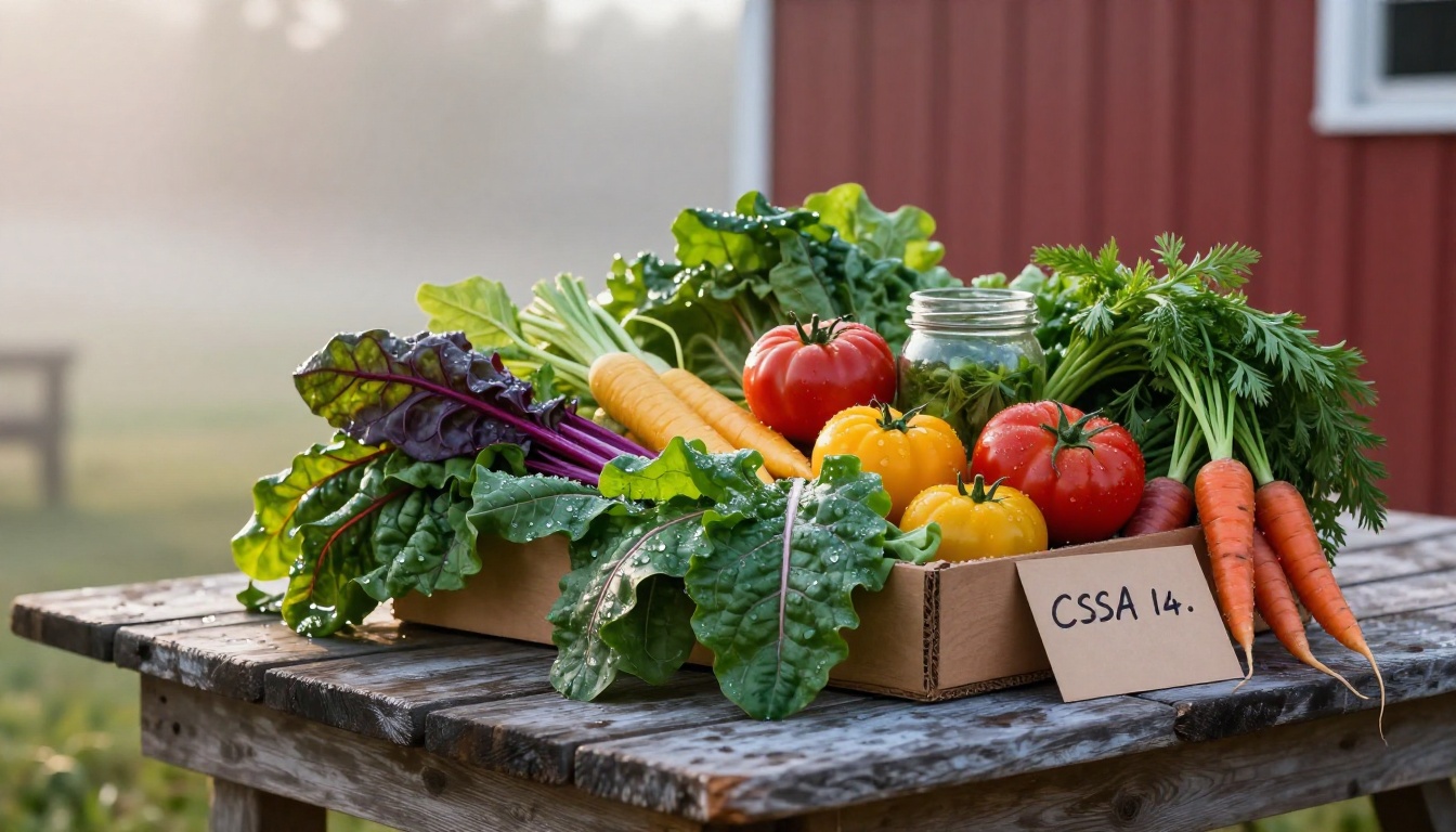 Fresh colorful CSA subscription box with vegetables on a rustic wooden farm table in morning light