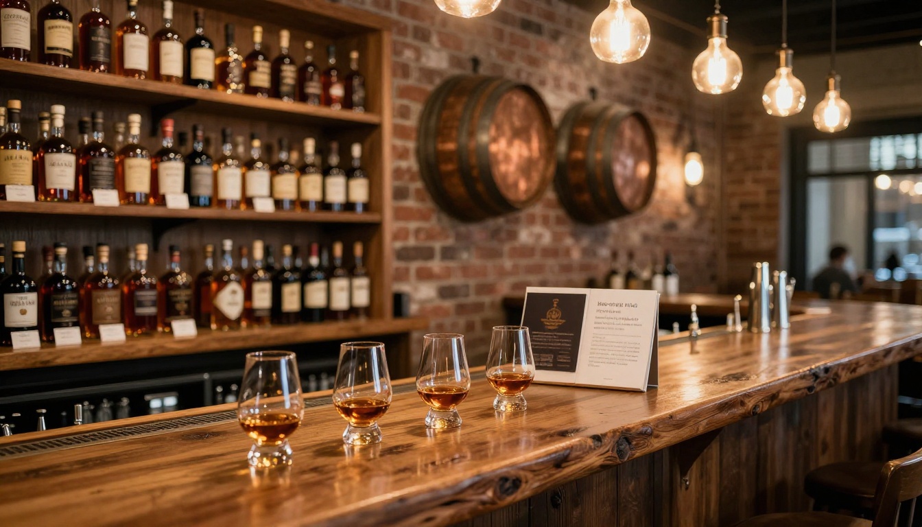 Elegant whiskey tasting room with bottles and open lookbook catalog on bar Elegant whiskey tasting room with bottles and open lookbook catalog on bar