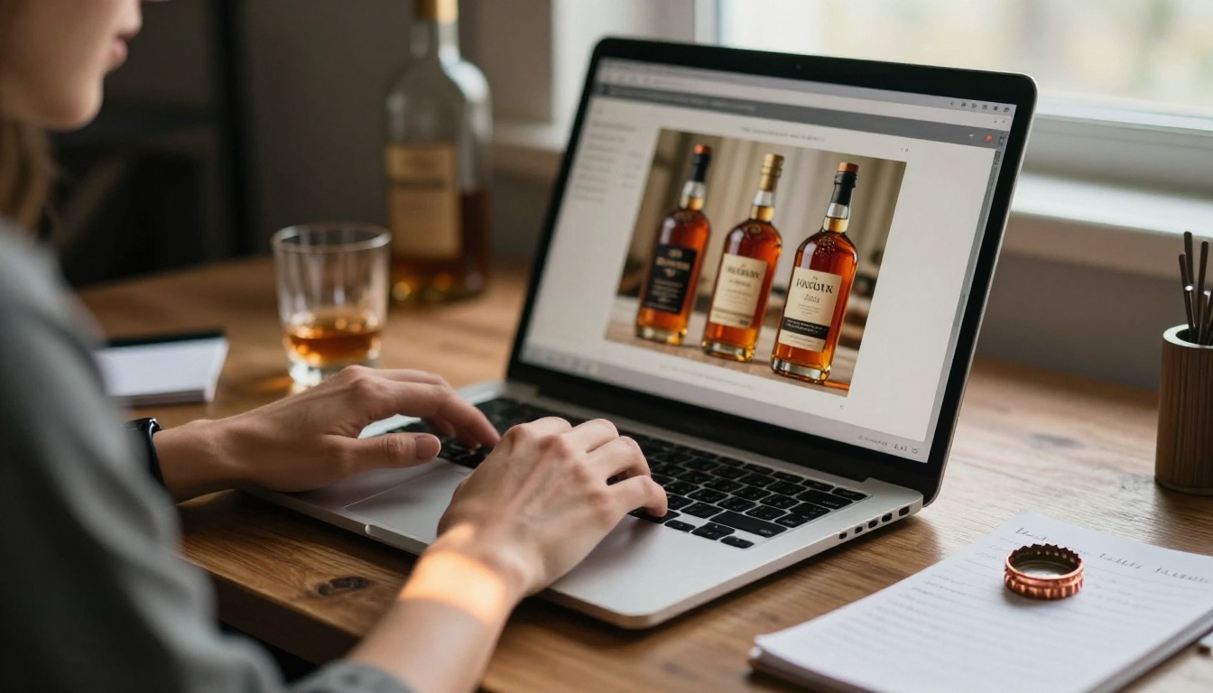 Woman using laptop to view digital flipbook showing whiskey catalog interface Woman using laptop to view digital flipbook showing whiskey catalog interface