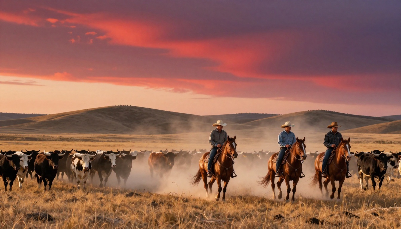 Wide cattle drive scene at dusk with cowboys on horseback herding Longhorn cattle across open grassland under a dramatic red and purple sky