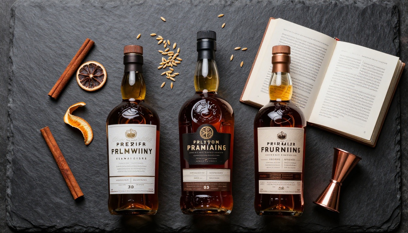 Flat lay of whiskey bottles, barley grains, and open spirits lookbook on dark slate Flat lay of whiskey bottles, barley grains, and open spirits lookbook on dark slate