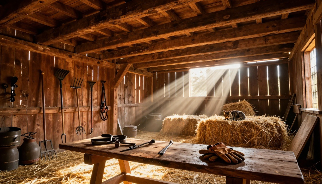 Interior of a historic wooden barn with golden light rays streaming through wooden plank gaps, hay bales stacked high, and vintage farm tools on the walls