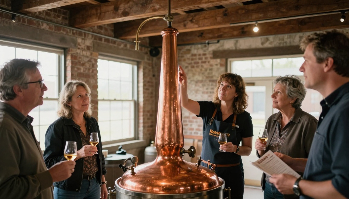 Distillery tour group with guide explaining copper pot still process Distillery tour group with guide explaining copper pot still process