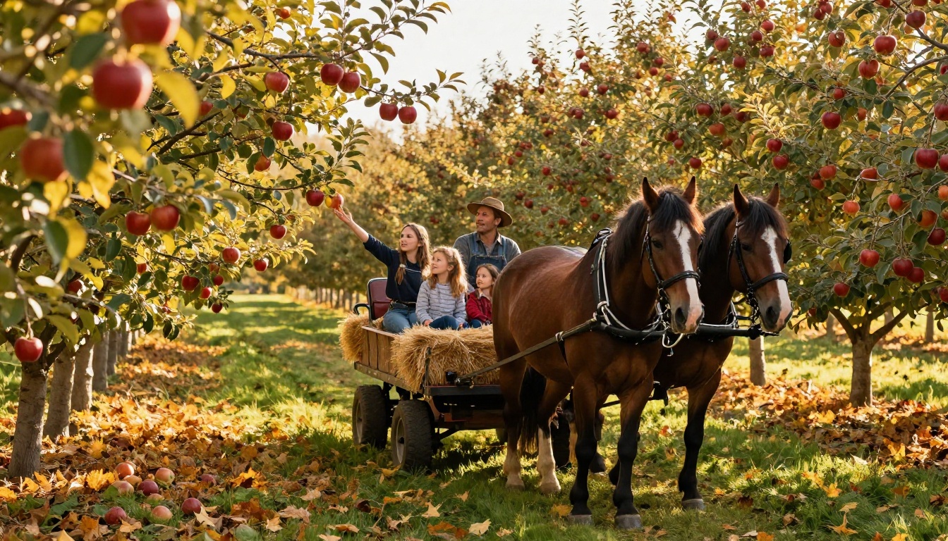 Family on a hay wagon ride through an apple orchard in autumn, with draft horses and golden falling leaves all around