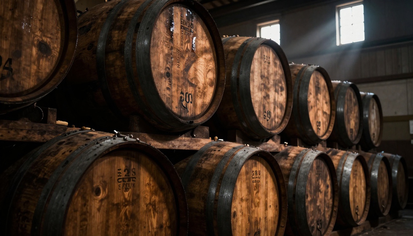 Dramatic low-angle view looking up at charred oak aging barrels in dimly lit rickhouse Dramatic low-angle view looking up at charred oak aging barrels in dimly lit rickhouse