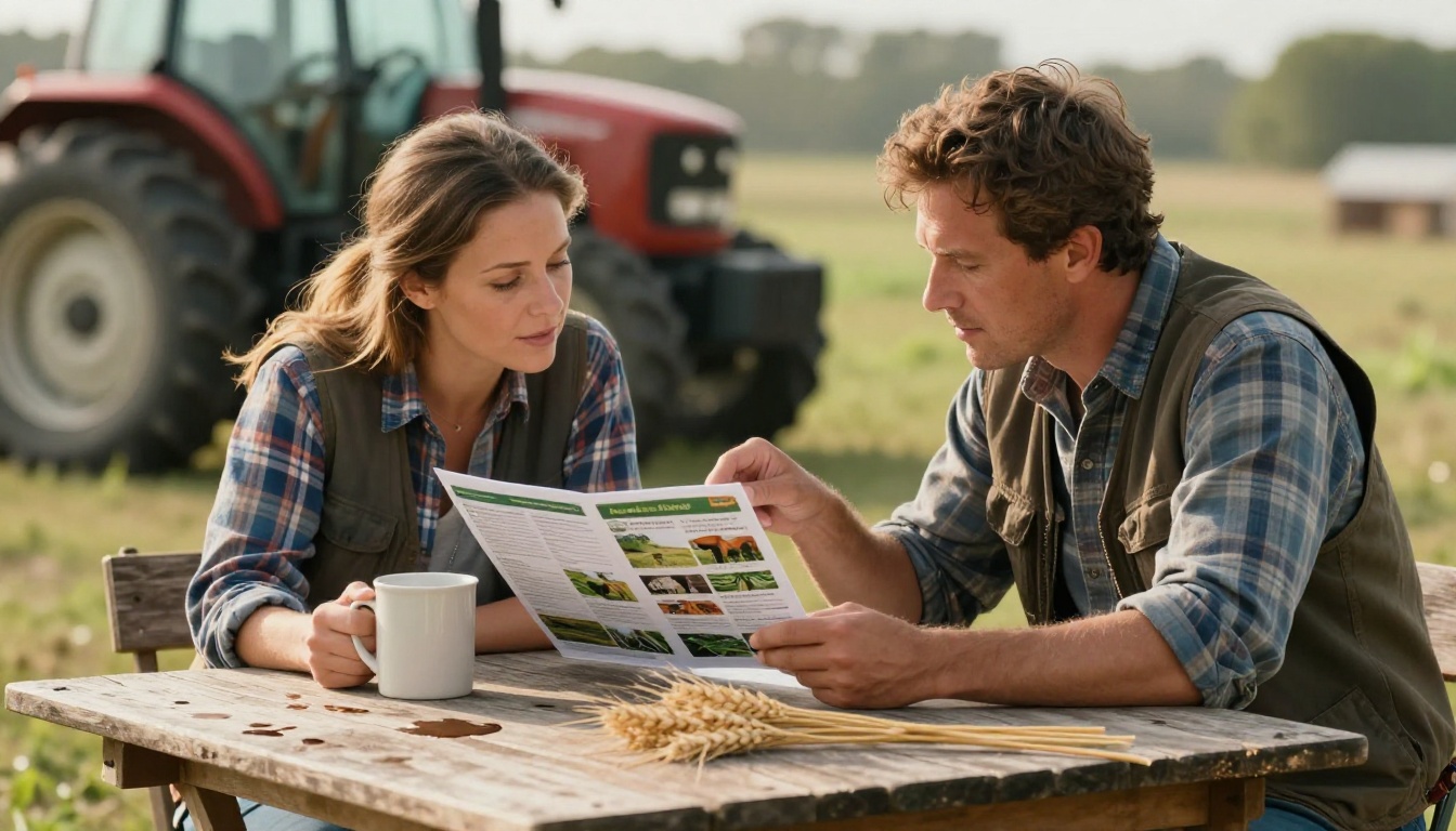 Two farmers reviewing a printed farm catalog brochure together at an outdoor wooden table with a tractor softly visible in the background