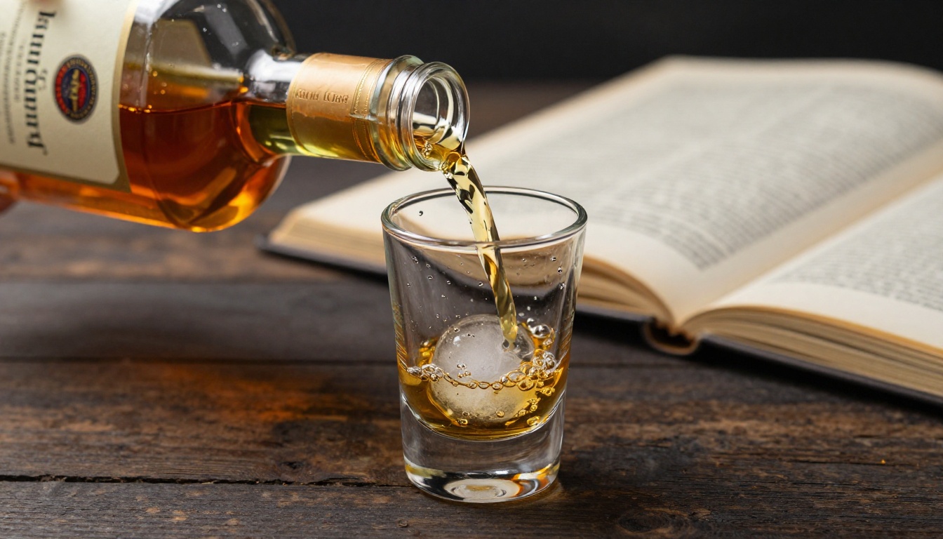 Rich amber whiskey being poured into a glass tumbler with spirits catalog in background bokeh Rich amber whiskey being poured into a glass tumbler with spirits catalog in background bokeh