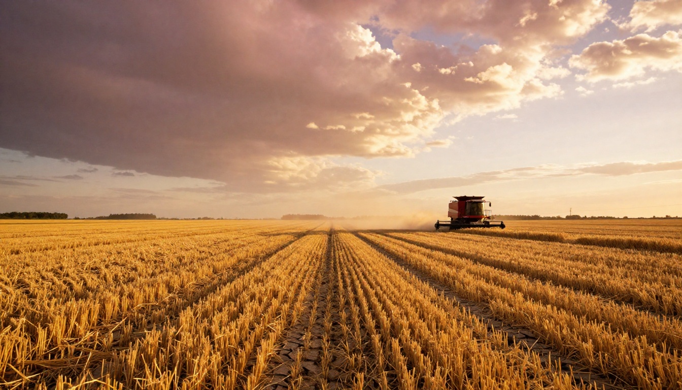 Low-angle shot of a harvested wheat field at golden hour with golden stubble, a combine harvester in the distance, and dramatic amber clouds filling the sky