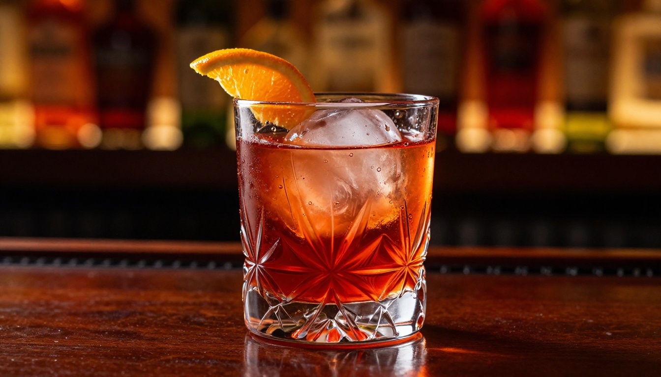 Perfectly crafted negroni cocktail on a polished mahogany bar counter with dramatic side lighting and condensation details