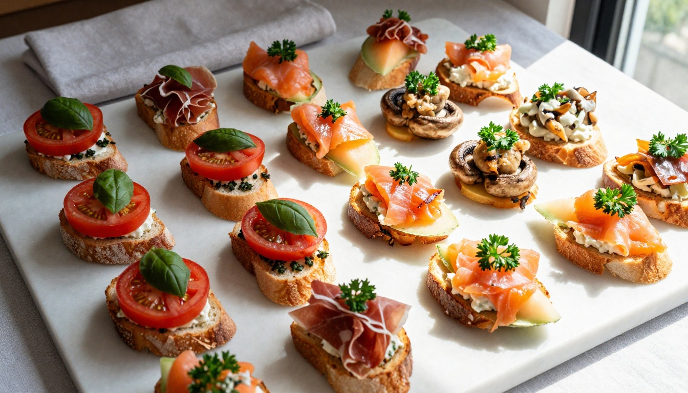 Catering appetizer spread arranged on marble surface Catering appetizer spread arranged on marble surface