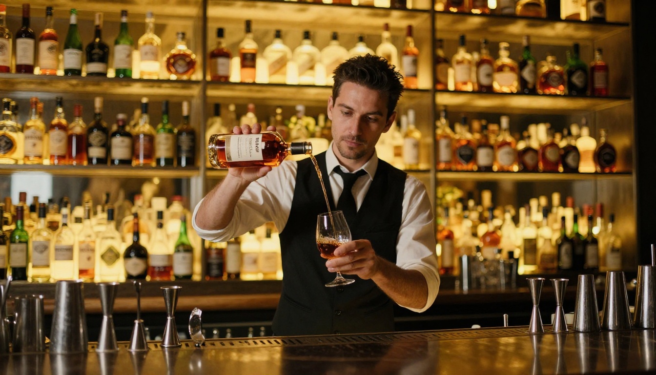Professional bartender mid-pour behind upscale bar with spectacular floor-to-ceiling backlit bottle wall