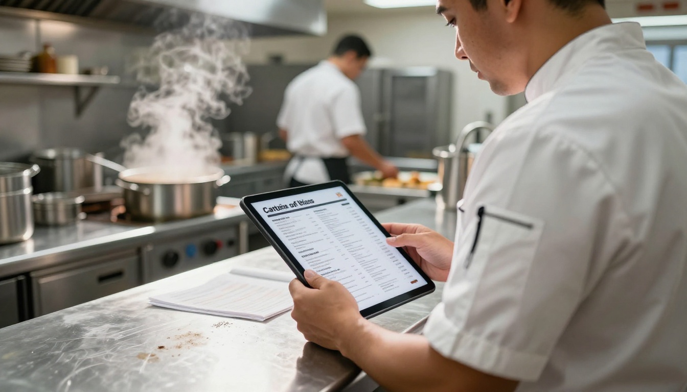Professional caterer comparing printed and digital menus in kitchen Professional caterer comparing printed and digital menus in kitchen