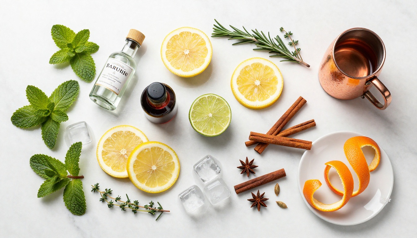 Aerial overhead flat-lay of artisan cocktail ingredients on white Carrara marble: fresh herbs, citrus, copper jigger, spices