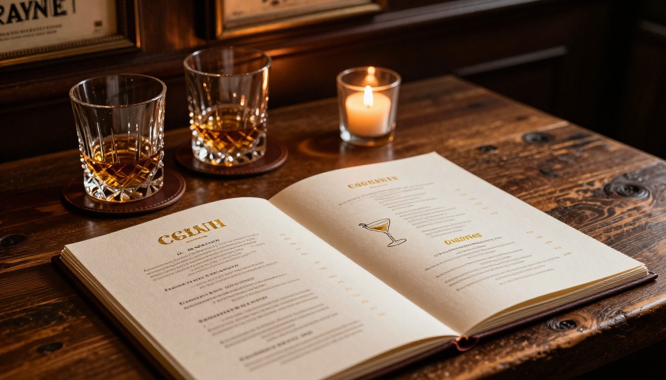 Beautifully printed cocktail bar menu open on rustic reclaimed wood table with crystal whiskey glasses and flickering candlelight