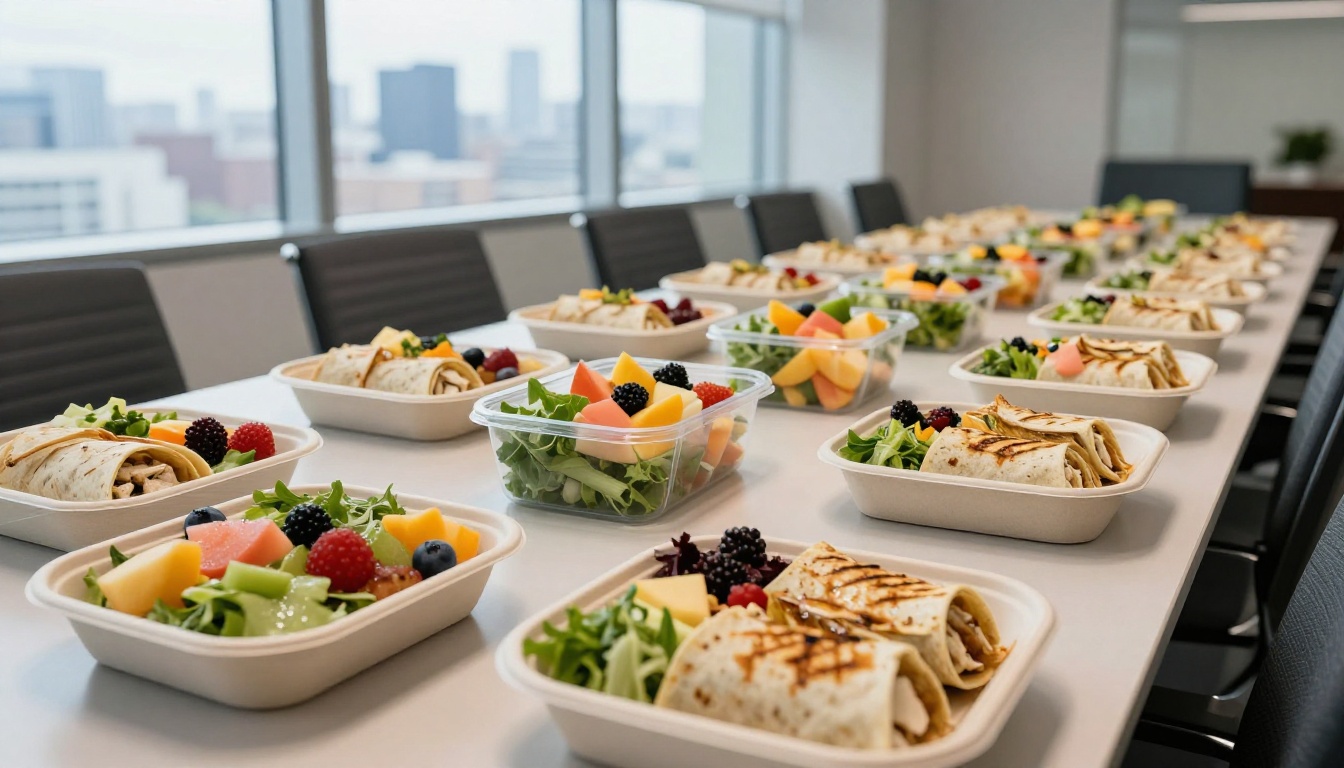 Corporate catering individual lunch boxes in conference room Corporate catering individual lunch boxes in conference room