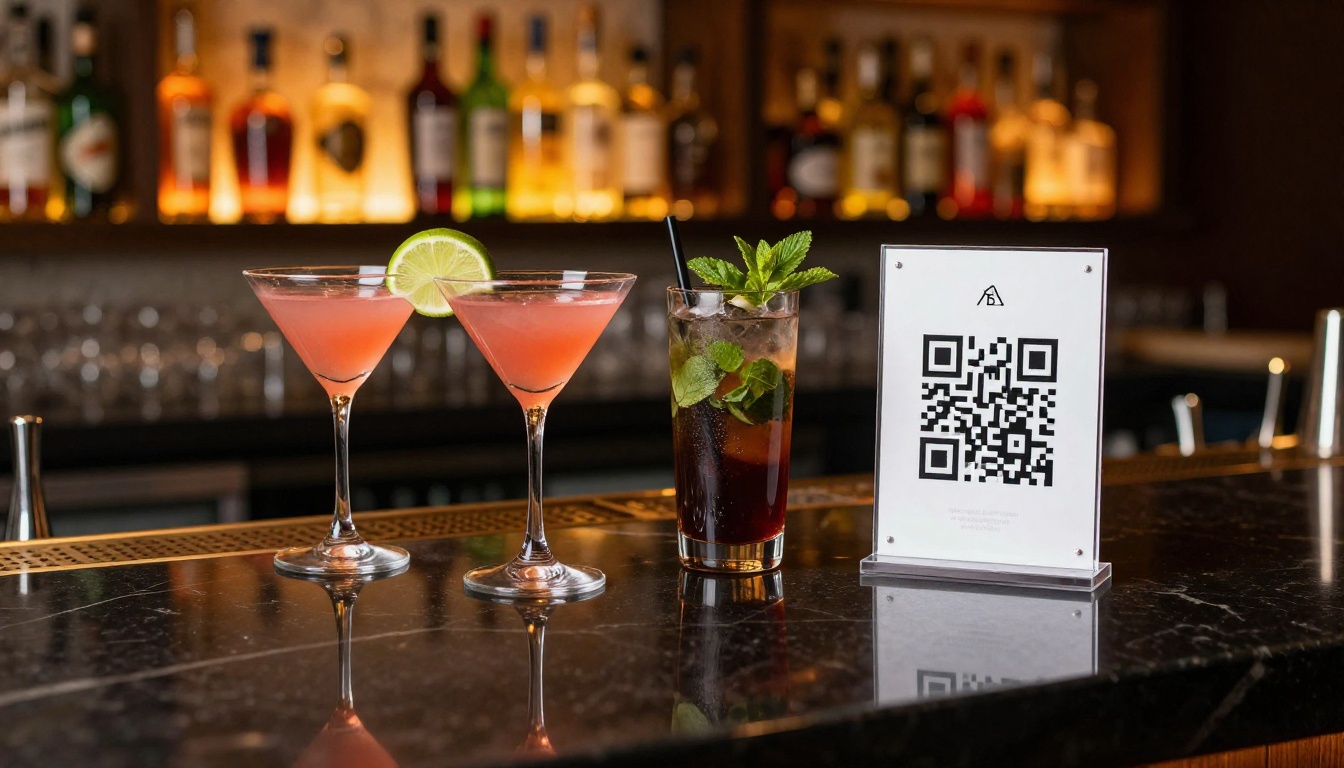 Low-angle shot of sleek QR code table stand between a pink martini and dark mojito on polished black marble bar counter