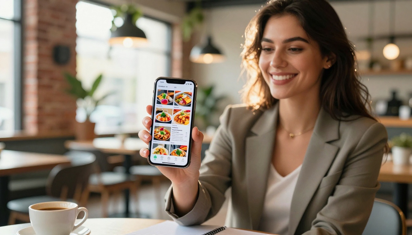 Event planner reviewing catering flipbook on phone at cafe Event planner reviewing catering flipbook on phone at cafe